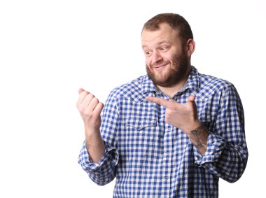 Man shows left hand index finger on his right hand