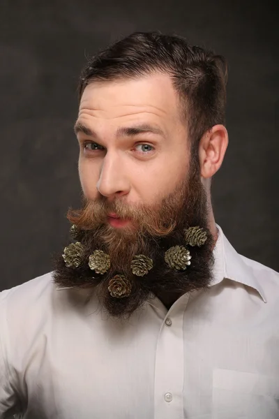 Retrato de hombre de año nuevo, barba larga con conos de Navidad — Foto de Stock