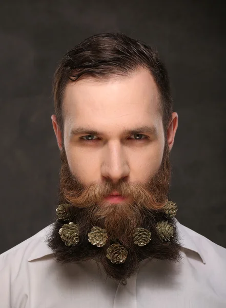 Portrait de nouvel an homme, longue barbe avec des cônes de Noël — Photo