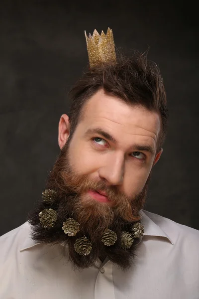 Portrait de nouvel an homme, longue barbe avec des cônes de Noël — Photo