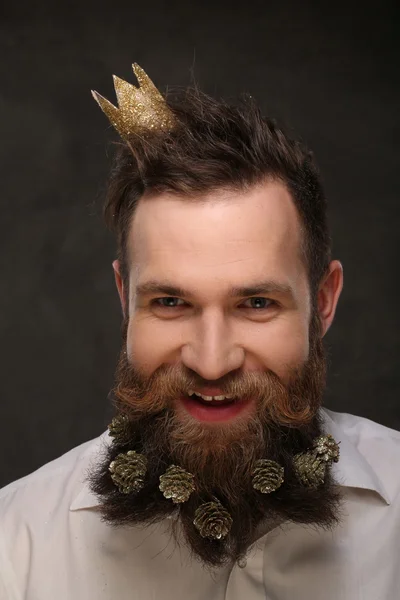Portrait de nouvel an homme, longue barbe avec des cônes de Noël — Photo