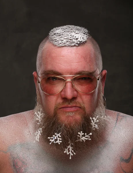 Retrato del hombre con gafas de una larga barba con copos de nieve — Foto de Stock