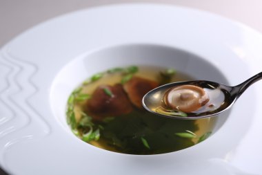 Mantar çorbası yakın çekim beyaz tabak içinde.