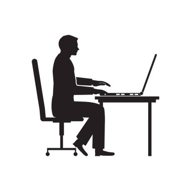 Bilgisayarda çalışan bir adamın silueti. Programcı dizüstü bilgisayarına eğiliyor. El çizimi vektör çizimi beyaz arkaplanda izole edildi.