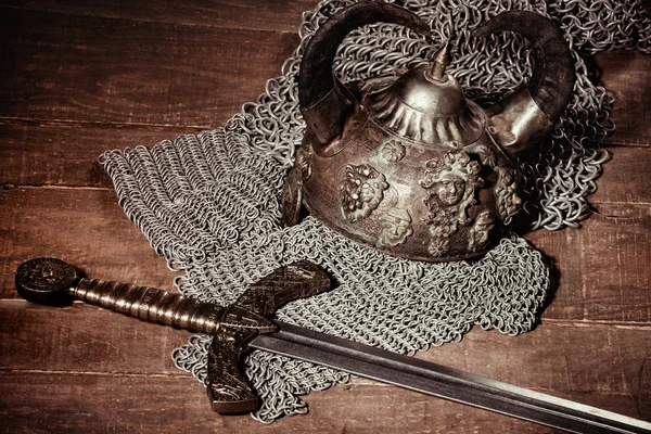 The helmet, sword and coat of mail Viking. — Stock Photo, Image