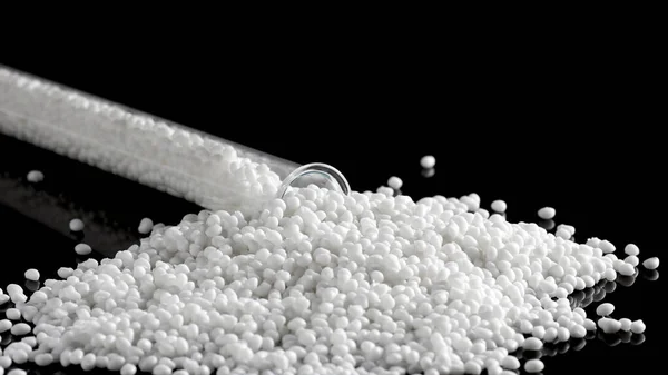 Egy Fehér Műanyag Polimerrel Vagy Orvosi Tablettával Ellátott Üvegcső Közelsége — Stock Fotó