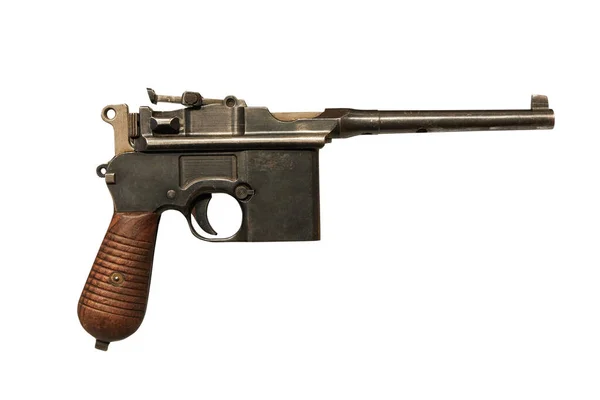 Tahta Saplı Bir Alman Mauser Tabancasının Yakın Çekimi Beyaz Arkaplanda — Stok fotoğraf