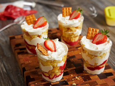 Close-up of cooked trifles with fresh strawberries and chocolate, on the background of the table and dishes for preparing desserts. clipart