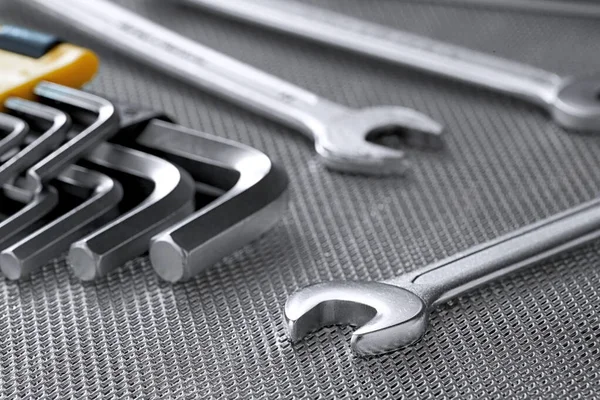 Set Hex Keys Large Open End Wrench Metal Background — Stock Photo, Image