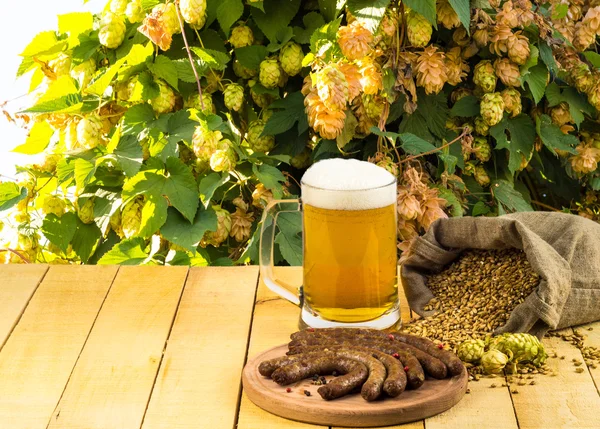 Mok van bier met worst — Stockfoto