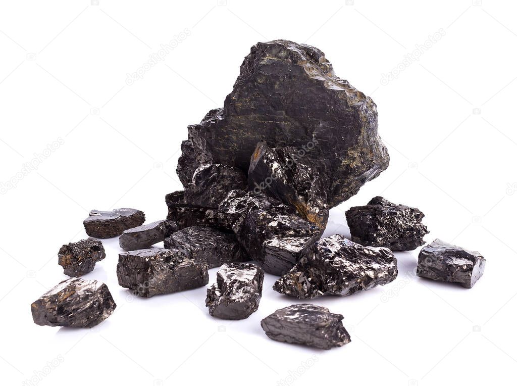 Bituminous coal mined from the bowels of the earth on a white background
