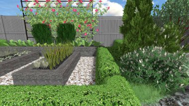 Memleketin peyzaj tasarımının 3 boyutlu görüntüsü. Bölgenin peyzajı. Birleşik peyzaj ve peyzaj çözümlerinin bilgisayar görselleştirmesi.