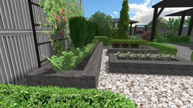 Memleketin peyzaj tasarımının 3 boyutlu görüntüsü. Bölgenin peyzajı. Birleşik peyzaj ve peyzaj çözümlerinin bilgisayar görselleştirmesi.