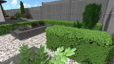 Memleketin peyzaj tasarımının 3 boyutlu görüntüsü. Bölgenin peyzajı. Birleşik peyzaj ve peyzaj çözümlerinin bilgisayar görselleştirmesi.