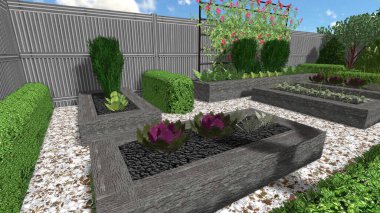 Memleketin peyzaj tasarımının 3 boyutlu görüntüsü. Bölgenin peyzajı. Birleşik peyzaj ve peyzaj çözümlerinin bilgisayar görselleştirmesi.