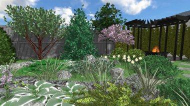 Memleketin peyzaj tasarımının 3 boyutlu görüntüsü. Bölgenin peyzajı. Birleşik peyzaj ve peyzaj çözümlerinin bilgisayar görselleştirmesi.