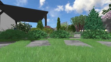 Memleketin peyzaj tasarımının 3 boyutlu görüntüsü. Bölgenin peyzajı. Birleşik peyzaj ve peyzaj çözümlerinin bilgisayar görselleştirmesi.