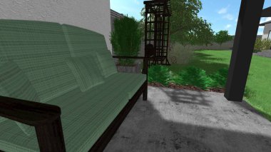 Memleketin peyzaj tasarımının 3 boyutlu görüntüsü. Bölgenin peyzajı. Birleşik peyzaj ve peyzaj çözümlerinin bilgisayar görselleştirmesi.