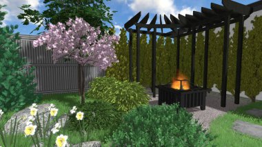 Memleketin peyzaj tasarımının 3 boyutlu görüntüsü. Bölgenin peyzajı. Birleşik peyzaj ve peyzaj çözümlerinin bilgisayar görselleştirmesi.