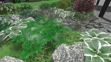 Memleketin peyzaj tasarımının 3 boyutlu görüntüsü. Bölgenin peyzajı. Birleşik peyzaj ve peyzaj çözümlerinin bilgisayar görselleştirmesi.