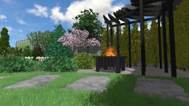 Memleketin peyzaj tasarımının 3 boyutlu görüntüsü. Bölgenin peyzajı. Birleşik peyzaj ve peyzaj çözümlerinin bilgisayar görselleştirmesi.