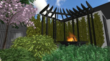 Memleketin peyzaj tasarımının 3 boyutlu görüntüsü. Bölgenin peyzajı. Birleşik peyzaj ve peyzaj çözümlerinin bilgisayar görselleştirmesi.