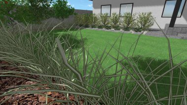 Memleketin peyzaj tasarımının 3 boyutlu görüntüsü. Bölgenin peyzajı. Birleşik peyzaj ve peyzaj çözümlerinin bilgisayar görselleştirmesi.