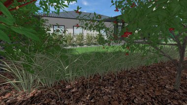 Memleketin peyzaj tasarımının 3 boyutlu görüntüsü. Bölgenin peyzajı. Birleşik peyzaj ve peyzaj çözümlerinin bilgisayar görselleştirmesi.