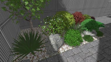 Memleketin peyzaj tasarımının 3 boyutlu görüntüsü. Bölgenin peyzajı. Birleşik peyzaj ve peyzaj çözümlerinin bilgisayar görselleştirmesi.