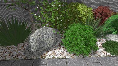 Memleketin peyzaj tasarımının 3 boyutlu görüntüsü. Bölgenin peyzajı. Birleşik peyzaj ve peyzaj çözümlerinin bilgisayar görselleştirmesi.