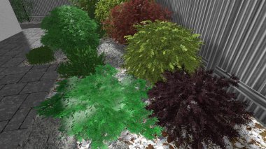 Memleketin peyzaj tasarımının 3 boyutlu görüntüsü. Bölgenin peyzajı. Birleşik peyzaj ve peyzaj çözümlerinin bilgisayar görselleştirmesi.