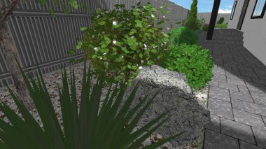 Memleketin peyzaj tasarımının 3 boyutlu görüntüsü. Bölgenin peyzajı. Birleşik peyzaj ve peyzaj çözümlerinin bilgisayar görselleştirmesi.