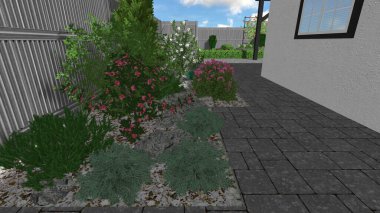 Memleketin peyzaj tasarımının 3 boyutlu görüntüsü. Bölgenin peyzajı. Birleşik peyzaj ve peyzaj çözümlerinin bilgisayar görselleştirmesi.