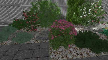 Memleketin peyzaj tasarımının 3 boyutlu görüntüsü. Bölgenin peyzajı. Birleşik peyzaj ve peyzaj çözümlerinin bilgisayar görselleştirmesi.