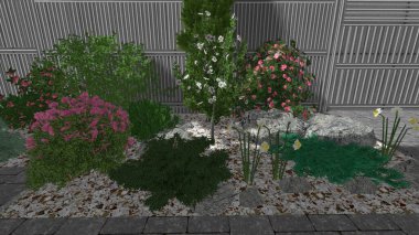 Memleketin peyzaj tasarımının 3 boyutlu görüntüsü. Bölgenin peyzajı. Birleşik peyzaj ve peyzaj çözümlerinin bilgisayar görselleştirmesi.