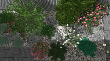 Memleketin peyzaj tasarımının 3 boyutlu görüntüsü. Bölgenin peyzajı. Birleşik peyzaj ve peyzaj çözümlerinin bilgisayar görselleştirmesi.