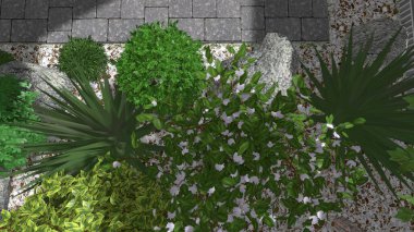 Memleketin peyzaj tasarımının 3 boyutlu görüntüsü. Bölgenin peyzajı. Birleşik peyzaj ve peyzaj çözümlerinin bilgisayar görselleştirmesi.