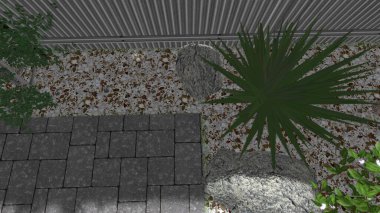 Memleketin peyzaj tasarımının 3 boyutlu görüntüsü. Bölgenin peyzajı. Birleşik peyzaj ve peyzaj çözümlerinin bilgisayar görselleştirmesi.