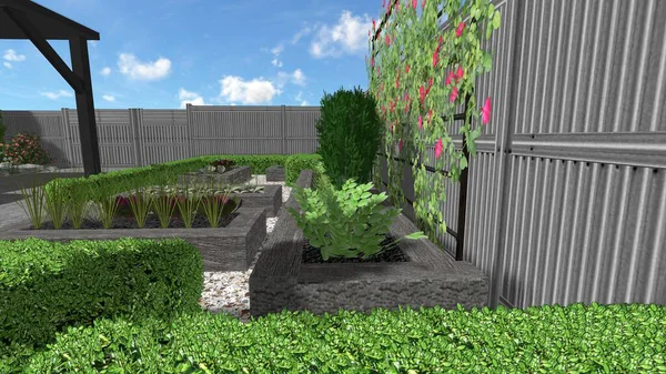 Memleketin peyzaj tasarımının 3 boyutlu görüntüsü. Bölgenin peyzajı. Birleşik peyzaj ve peyzaj çözümlerinin bilgisayar görselleştirmesi.