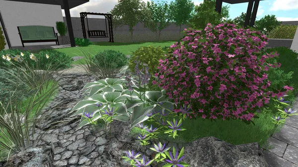 Memleketin peyzaj tasarımının 3 boyutlu görüntüsü. Bölgenin peyzajı. Birleşik peyzaj ve peyzaj çözümlerinin bilgisayar görselleştirmesi.