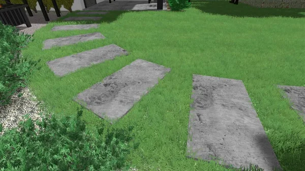 Memleketin peyzaj tasarımının 3 boyutlu görüntüsü. Bölgenin peyzajı. Birleşik peyzaj ve peyzaj çözümlerinin bilgisayar görselleştirmesi.