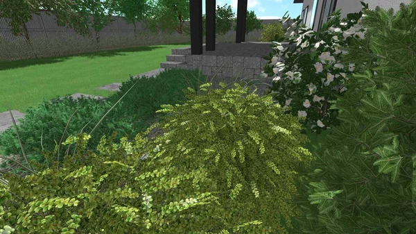 Memleketin peyzaj tasarımının 3 boyutlu görüntüsü. Bölgenin peyzajı. Birleşik peyzaj ve peyzaj çözümlerinin bilgisayar görselleştirmesi.