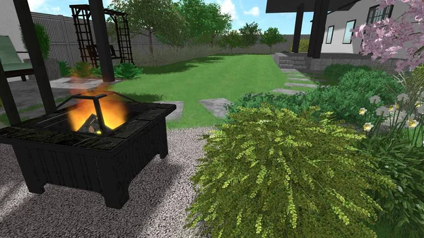 Memleketin peyzaj tasarımının 3 boyutlu görüntüsü. Bölgenin peyzajı. Birleşik peyzaj ve peyzaj çözümlerinin bilgisayar görselleştirmesi.