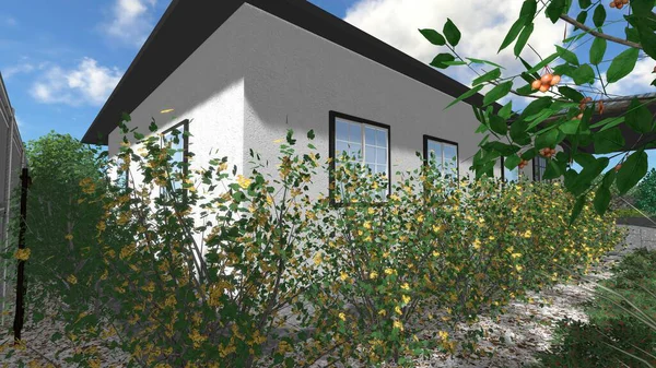 Memleketin peyzaj tasarımının 3 boyutlu görüntüsü. Bölgenin peyzajı. Birleşik peyzaj ve peyzaj çözümlerinin bilgisayar görselleştirmesi.