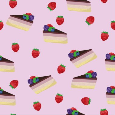 Böğürtlenli, böğürtlenli, pembe arkaplanlı bir kek kalıbı. Kumaş için desen, etiket çizimi, tişört baskısı, çocuk odası için duvar kağıdı, tatlı arka plan.