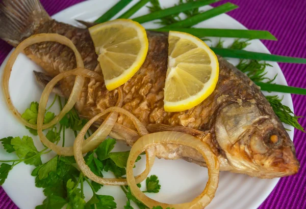 Roasted carp fish with greens — Stock Photo, Image