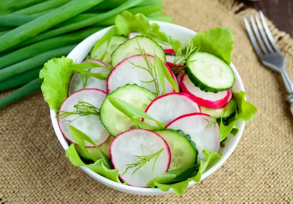 Fresh spring light vegetarian salad with cucumber and radish and greens on a wooden background. — Stock Photo, Image