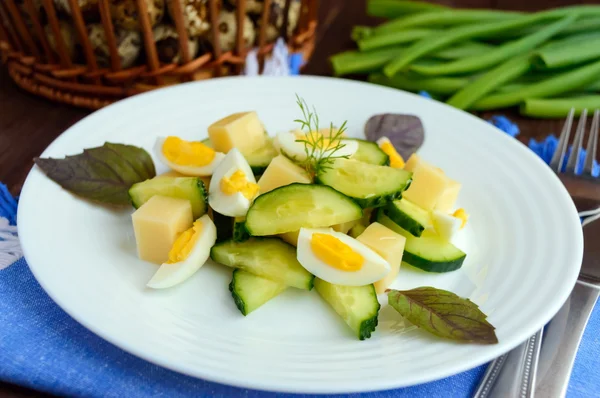 イタリアの春サラダ新鮮なキュウリ、ウズラの卵、モッツァレラチーズ、オリーブ オイルを木製の背景の白いプレートに点灯します。食事食事. — ストック写真