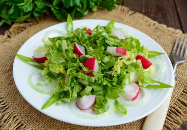 Hafif diyet bahar salatası Çince lahana ve turp. Vegan yemek