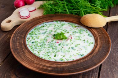 Slav geleneksel çanak - ahşap bir arka plan üzerinde soğuk çorba 